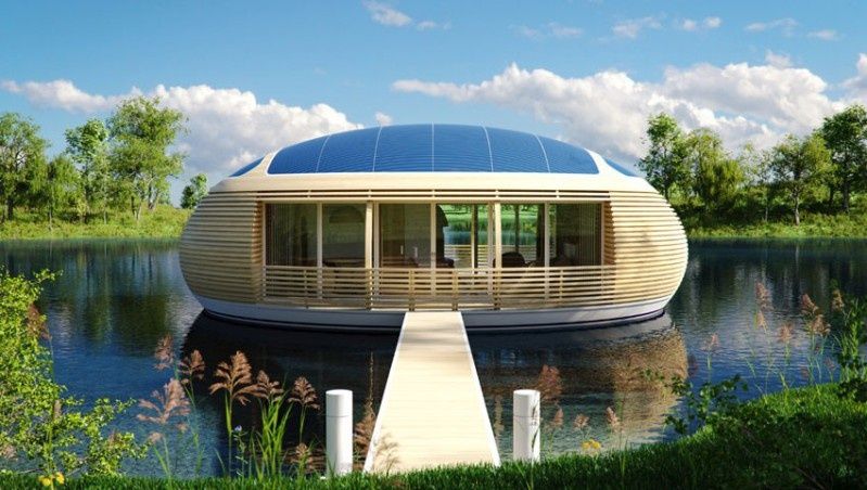 Pływający, pokryty solarami ekologiczny dom zbudowany z materiałów z recyklingu