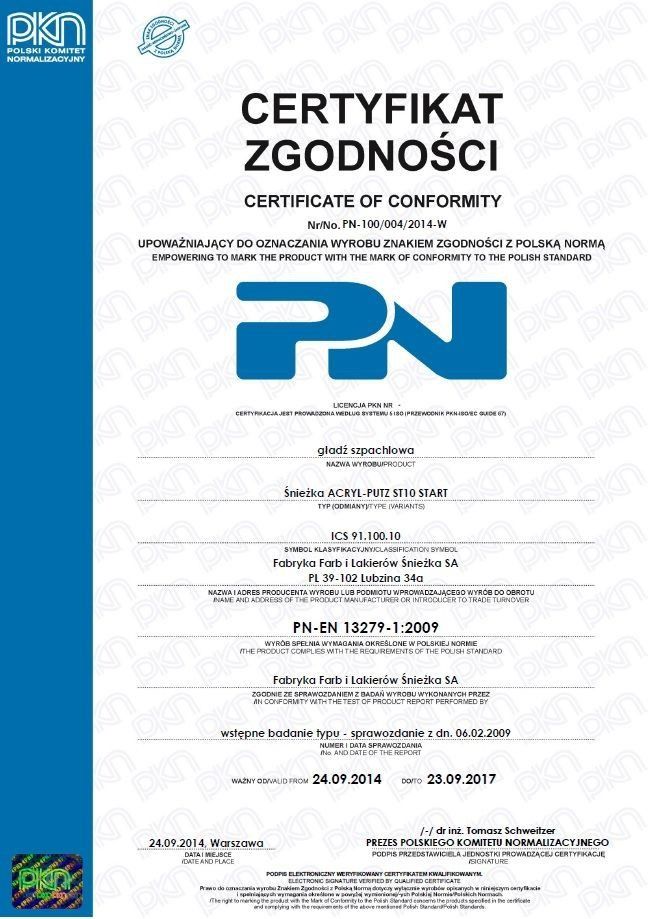 Śnieżka ACRYL-PUTZ - jedyne na polskim rynku gładzie z certyfikatem Polskiej Normy