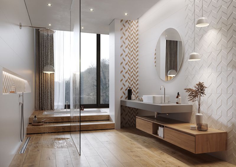 Biała łazienka z drewnem – 7 pomysłów na aranżacje z płytkami Opoczno