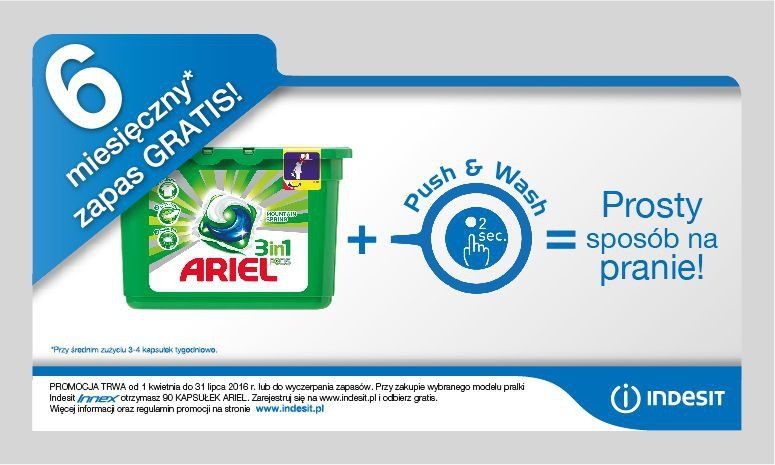 Kup pralkę lub pralko-suszarkę z linii Innex marki Indesit  i odbierz zapas tabletek Ariel na 6 miesięcy gratis