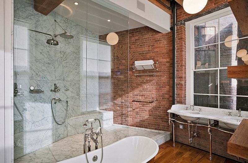 Łazienka w stylu industrialnym, czyli idealne połączenie cegły, drewna i szkła
