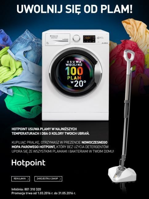 Trwa promocja konsumencka marki Hotpoint,  czyli wyjątkowa szansa na podwójne usuwanie plam 